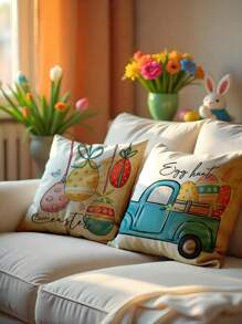 1pc/4pcs Easter Bunny Egg Car Sofa Pillow Case, HD Printed Linen Throw Pillow Cover, Easter Decorations For Car Home Living Room, Bedroom, Sofa, 17.7*17.7 Inch/45x45cm (Without Pillow Insert) Gifts Birthday Graduation