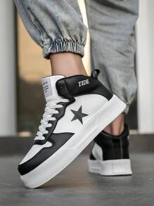 Men's Black & White Comfortable Thick Sole Shock-Absorbing High-Top Street-Style Casual Sports Shoes, Personalized Star Print Leather Upper Splicing High-End Minimalist Outdoor Non-Slip Flat Shoes