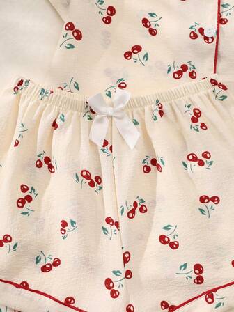 2pcs/Set Women's Cherry Printed Summer Pajama Set, Short Sleeve Button-Down Shirt And Shorts, Casual Loungewear For Summer.,Two Pieces Set