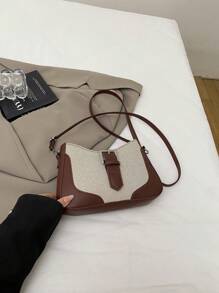 Vintage Contrast Color Block Linen Texture Large Capacity Shoulder Bag, 2025 Spring Fashion Crossbody Armpit Crescent Shaped Bag - Brown - View 3