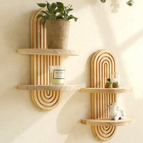 1 Pieza Estantería de pared colgante de madera geométrica de estilo bohemio, estante flotante de madera en forma de arco, decoración moderna de mediados de siglo con diseño de arcoíris para decorar las paredes, repisa flotante para libros para sala de estar, baño, dormitorio, aula, oficina, decoración de guardería, color natural