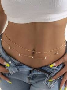 2 piezas Cadena doble de perlas para la cintura de bikini para fiesta nocturna sexy - Cadena de bikini sencilla para el vientre - Accesorios de joyas de cadena para el Body de verano para mujeres y niñas