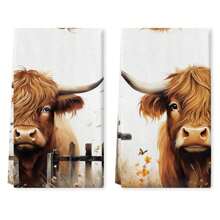 2 件装 Highland Cow 厨房毛巾套装，16x24 英寸，编织涤纶，超柔软，可机洗，现代农舍风格，适合牛爱好者装饰和手巾/茶巾 - 彩色 - 查看 14
