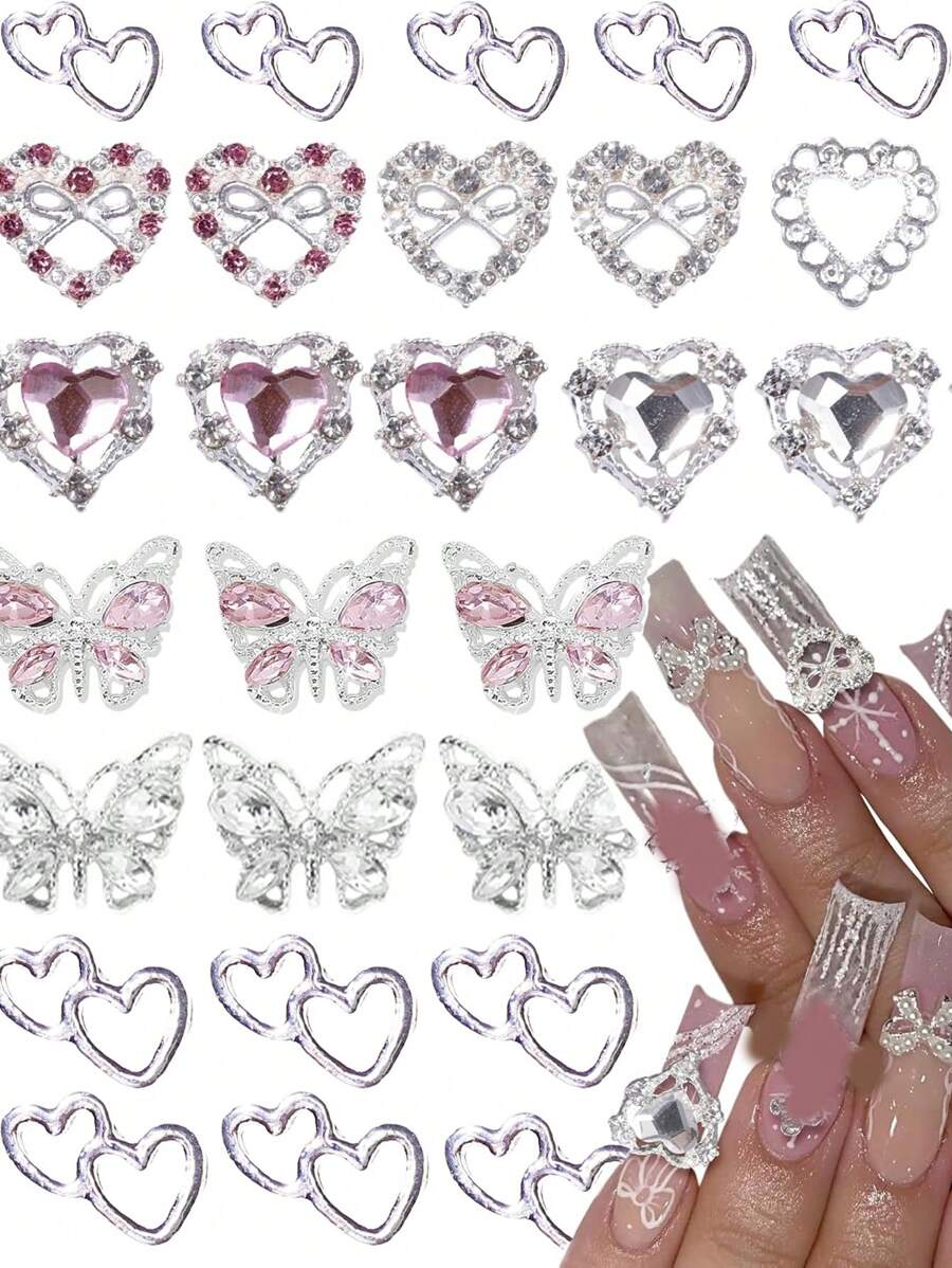 50 件心形标志指甲饰物水钻配银色和粉色宝石，适合女士美甲丙烯酸指甲装饰 DIY - 銀色 - 查看 1