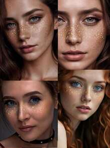 6 Sheets Gold Freckles Temporary Face Tattoos, Glitter Freckles, Sparkle Freckles, Waterproof Gold Face Makeup Freckle Tattoo, Holiday Party For Women Girls