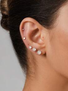 女士7雙扁平背部耳釘,14k電鍍微型耳釘,立體氧化鋯蒼石軟骨耳環(2/3/4/5/6/7/8mm) - 金色 - 查看 3