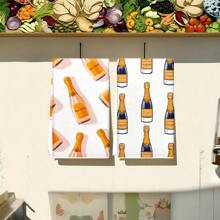 1 set / 2 piezas Toalla de cocina con diseño de botella de champán, toalla para platos, adecuada para comedor, cocina, baño, decoración diaria, decoración del hogar, regalos para mayores, amigos. Regalos para mayores y amigos.