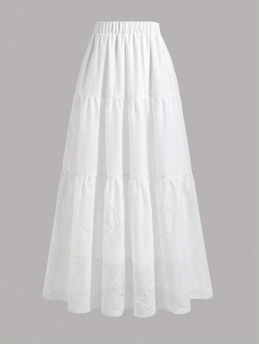 女士白色刺绣镂空高腰半身裙，优雅修身，优雅大方 - 白色 - 查看 1