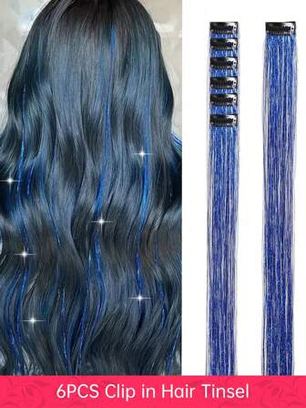 Christmas Party Hair Tinsel Clip In 20Inch Tinsel Hair Extensions Clip In Hair Tinsel Kit Heat Resistant Shiny Sparkle Glitter Hair Extensions Fairy Hair Accessories For Women (Blue) 6pcs