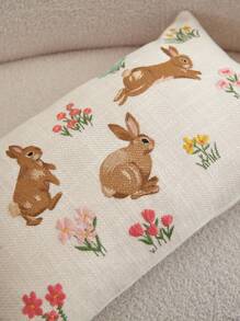 1pc Easter Beige Rabbit Embroidered Throw Pillow Cover, Spring Floral Cushion Cover, Suitable For Indoor Decor, Spring/Summer Pillowcase, Pillow Insert Not Included - Beige - View 7