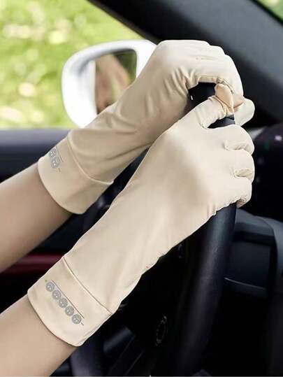 1 Pair Solid Color Casual Polyester Summer Sunscreen Gloves For Women, Suitable For Outdoor Sports, Driving, Cycling, Anti-Slip Touch Screen, Sun Protection