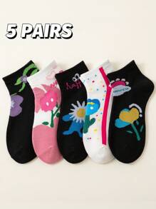 5 双女士花卉图案、浪漫字母、黑色夏季短袜、可爱优雅时尚休闲袜，适合春季、秋季、冬季 - 彩色 - 查看 3
