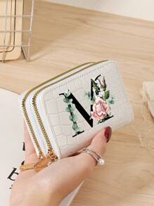 Portacarteras de mujer con textura de cocodrilo y piedra, con múltiples ranuras para tarjetas, bolsillo con cierre de doble cremallera para monedas y ventana para identificación - Impresión personalizada con letra del alfabeto A-Z, diseño de hojas verdes y flores rosas, organizador de tarjetas portátil y funcional para tarjetas de crédito