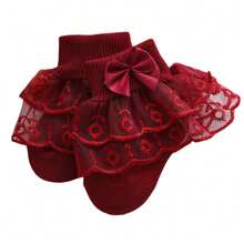 Baby Girls Ruffle Lace Socks, Super Soft Infant Ankle Socks Princess Dress Socks With Bow - 酒紅色 - 查看 2