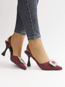 Diamantverzierte quadratische Schnalle spitze Zehenform Mode High Heel Sandalen für Frauen, modische High Heel Mules, Ananas Absatz & Weinglas Absatz High Heel Pumps, Slip-On High Heel Sandalen, bequem & leicht, geeignet für Büro & Party - Bordeaux - Übersicht 2