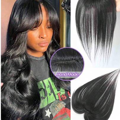 优雅女士假发带刘海真人发直发全覆盖，适合稀疏头发优雅手工假发带刘海假发全覆盖钩针自然发际线隐形无缝集成轻质透气假发贴片适合所有人