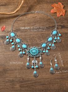 1 Set Includes 2pcs Earrings And 1pc Necklace, Vintage Bohemian Hollow Water Drop Tassel Pendant Necklace - Star - View 2