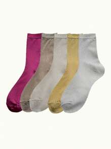 1 Pair/4 Pairs/5 Pairs Women Metallic Shimmer Mid-Calf Socks, Thin Lightweight Shiny Ribbed Socks, Spring & Summer