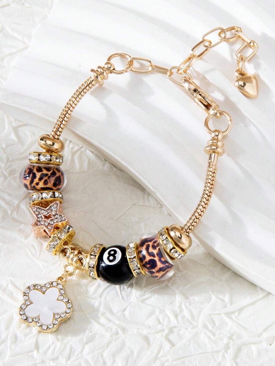 1pc Fashionable Rhinestone Beaded Pendants Bracelet, Includes Bowknot, 5-Petal Flower, Star, Football, Cross Charms, For Girls - Multicolor - View 1