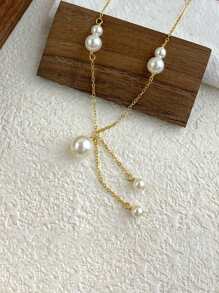 1pc Sterling 925 Silver Exquisite Elegant Fashionable Pearl Tassel Pendant Collar Chain Necklace For Women Daily Wearing Friendship Jewelry Gift - Gold - View 5