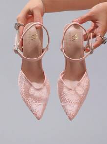 Women's Pink Lace Patchwork High Heel Shoes, Hollow Out Breathable Sexy Pointed Toe Fashion Party Wedding Bridesmaid Thin High Heel Sandals