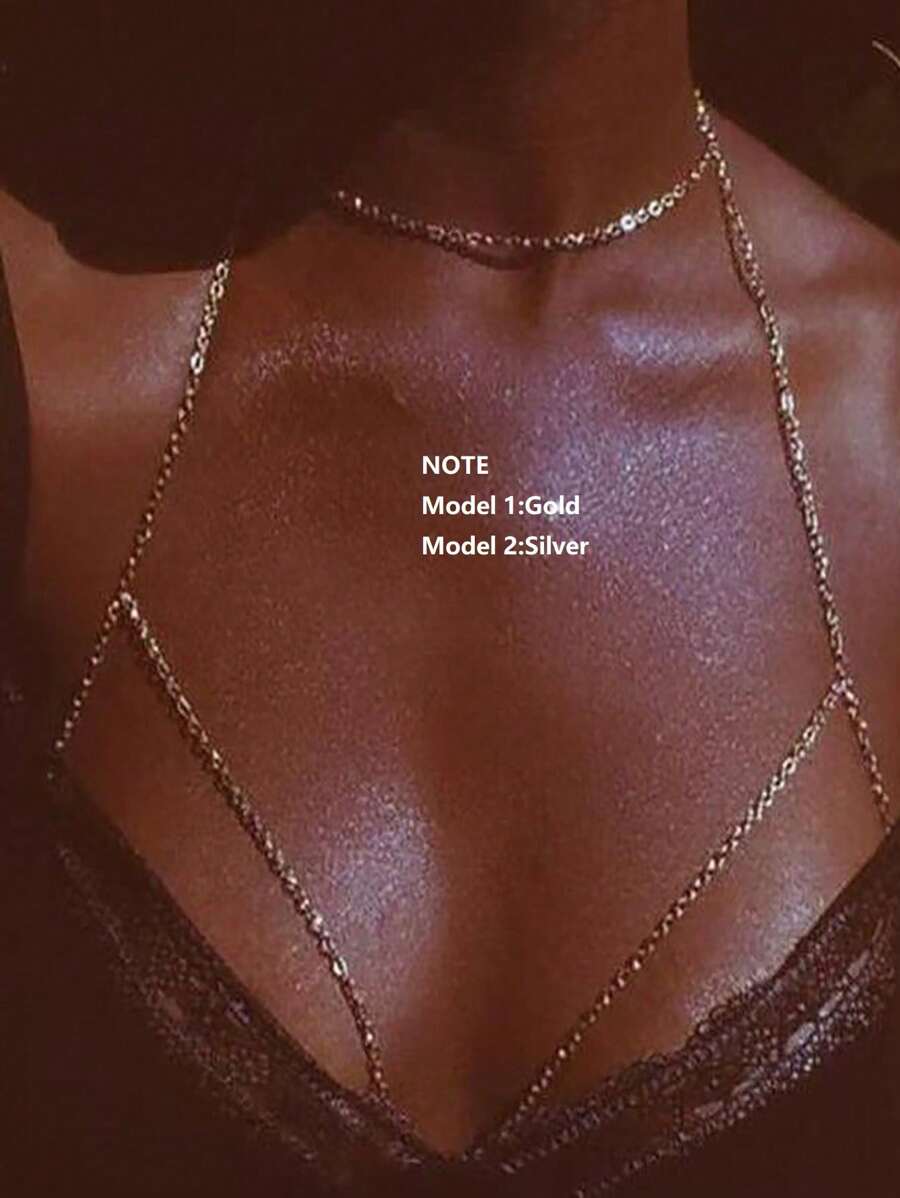 1pc Sexy Minimalist Metal Chain Bikini Body Chain, Model 1: Gold, Model 2: Silver, Fashionable Versatile For Beach, Vacation And Holidays Gift