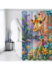 1 Peça Cortina de Chuveiro Cartoon Girafa e Banho de Bolha, Design de Papel de Parede Tropical com Patinhos Amarelos, Decoração Divertida para Banheiro, Inclui 12 Ganchos De Volta às Aulas