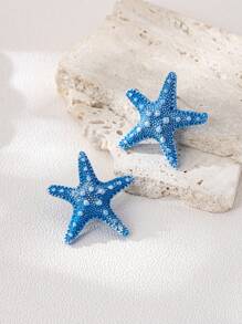 1 par de pendientes con diseño de estrella de mar azul simple, joyería de moda con estilo oceánico para mujeres en vacaciones