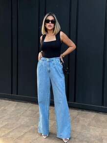 Kissmelady 8345 Women's Plain Wide Leg Pants Without Tears 8345 - Rửa trung bình - Xem 8