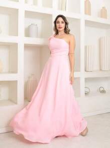 Victoria Long Dress Luxury Plain Duna Linen With Bow One Shoulder - Baby Pink - View 2