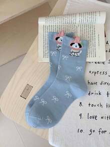 5 Pairs Women's Assorted Color Animal Pattern Mid-Calf Socks, Fashionable Versatile, Soft & Comfortable For Everyday Wear