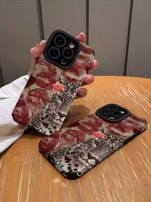 1pc Red Lip Print & Leopard Stripe Pattern Faux Leather Anti-Drop Soft Phone Case Compatible With Apple/ S16/S16 Plus/S16 Pro/S16 Pro Max