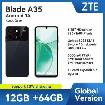  ZTE，智能手机，Blade A35 幻影黑，已解锁，Android 14，（4GB RAM+8GB Fusion）+ 64GB ROM，5000mAh 电池，双 SlM 4G，插头为欧洲标准，支持 NFC，4G LTE，全球版本