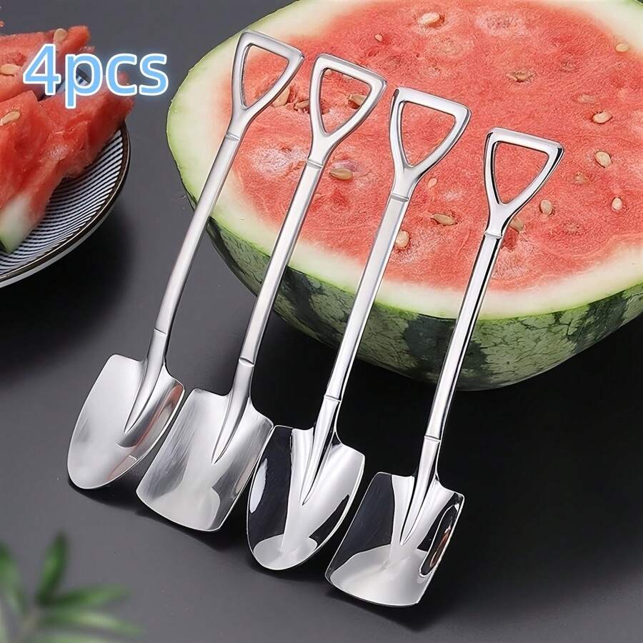 4pcs, Portable Stainless Steel Spoon, Creative Dessert Watermelon Spoon, Fruit Spoon Soup Spoon, Suitable For Outdoor Camping Picnic