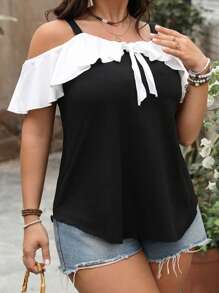 Women Plus Size Tank Tops Stylish Bow Design Contrast Color Ruffled Summer Cold Shoulder Vest