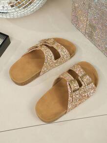 1 Pair Fashionable Sparkling Rhinestones Soft Cork Thick Sole Girls Slippers, Soft Comfortable Soles, Suitable For Kids Aged 3-15 Years Old