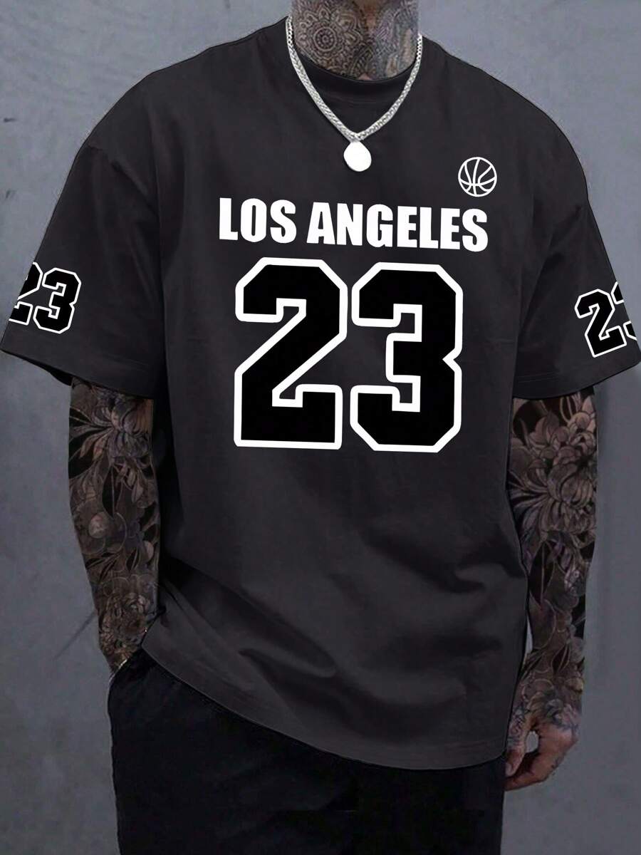 Men's Fashion Casual & Sporty Loose Fit T-Shirt With Los Angeles 23 Graphic Print, A Great Surprise Gift