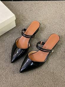 Sandalias de tacón bloque brillante con punta afilada para mujeres, estilo francés versátil sandalias de tacón medio con punta abierta, sandalias brillante negro con punta abierta y correa, diseño nuevo verano 2025, tacones altos para mujeres