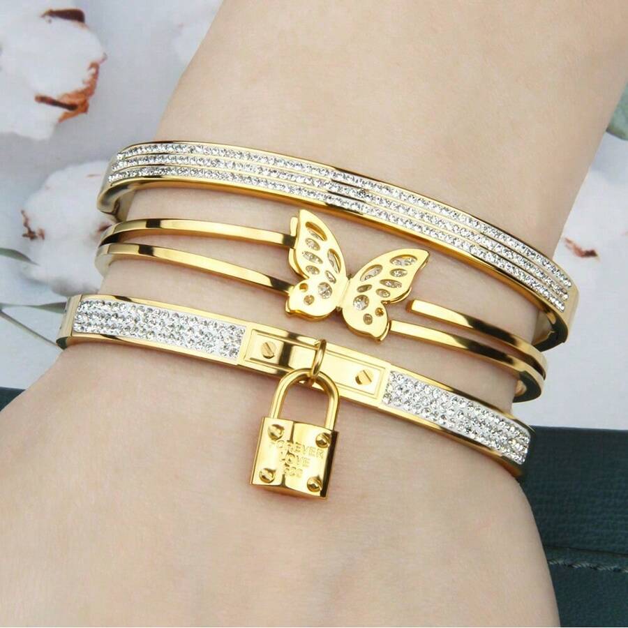 3/1 件套镀金女士珠宝手链、奢华闪亮派对/节日配饰、吊坠项链、礼物 - 蝴蝶組合款 - 查看 1