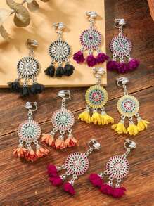 2pcs Retro Simple Exquisite Colorful Sunflower Cloth Ear Clips Bohemian Geometric Tassel Earrings For Women, Clip On Design - Clip - View 8