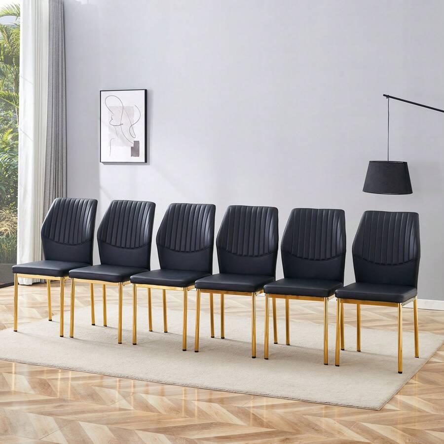 MUUOKY Modern Dining Chairs Set Of 6, Kitchen Modern Metal Chairs With Faux PU Leather Padded Seat High Back And Sturdy Gold Legs, Chairs For Dining Room, Kitchen, Living Room, Living Room, Office, Bedroom, Kitchen, Apartment, Easy To Clean, Easy To Assembly, Home Decor - Black Chair+gold Leg - 查看 1