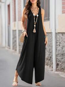SANOPY Womens Casual Style Overall Jumpsuits, Sleeveless Ruched V Neck Flared Wide Leg Pants Rompers With Pockets - 黑色 - 查看 2