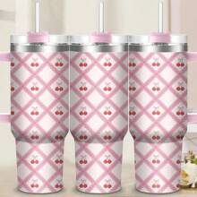 1 件格子粉色主题，蝴蝶结樱桃印花，40 盎司理想容量，不锈钢保温杯，带手柄的车载杯，方便携带，双面设计，防倾倒杯，保温咖啡杯，冷热皆宜，双层隔热，可用洗碗机清洗，送给家人和朋友的礼物，适用于各种场景