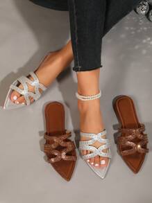 Dames platte sandalen met strass-versiering, elegante, modieuze, casual slippers met puntige neus