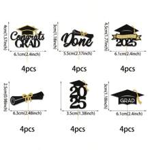 24 件 2025 毕业杯蛋糕装饰 - 闪亮的黑色和金色设计，配有帽子和卷轴，优雅的竹签，适合毕业派对甜点，用于高级毕业派对装饰