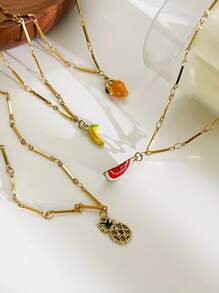 Monlansher 1 pezzo Collana da donna in acciaio inossidabile con pendente fatto a mano a goccia di smalto a forma di frutta, design alla moda, fresco e carino, stilosa e versatile per uso quotidiano
