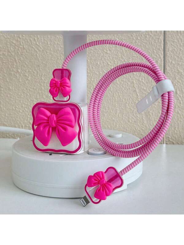 5PCS Phone Charger Case Set Compatible With Apple 18/20W Charger With 3D Hot Pink Bow Charger Case And Data Cable Protective Rope Compatible With IPhone 16/15/14/13/12/11 Mobile Phone, Anti-Scratch And Anti-Break TPU Soft Case Cable Protector, Charger Protector