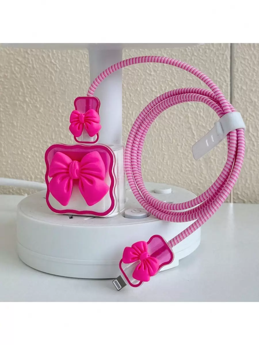5pcs/Set Phone Charger Protector Case, Compatible With Apple 18/20W Charger, Includes 3D Glitter Bow Charger Protector Case And Data Cable Protector Strap, Suitable For IPhone 16/15/14/13/12/11, Anti-Scratch And Anti-Drop TPU Soft Shell, Protecting Cable And Charger - Hot Pink - View 1
