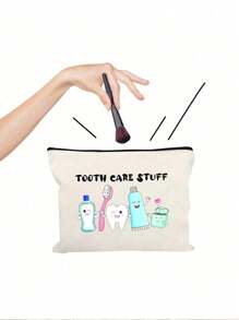 Playful Fun, Youngsters' Dental Care Travel Pouch - "Tooth Care Stuff" Canvas Case Ideal For Toothbrush, Toothpaste & More - Fun & Educational Design - Ideal For Boys & Girls, Adult Office Gift Back To School Supplies