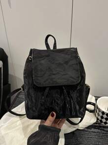 1pc Solid Color PU Leather Flap Cover Portable Fashion Backpack, Suitable For Women In Daily Outing - Black - View 6